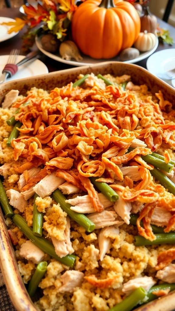 A Thanksgiving casserole with turkey, stuffing, green beans, and fried onions, set on a festive table.